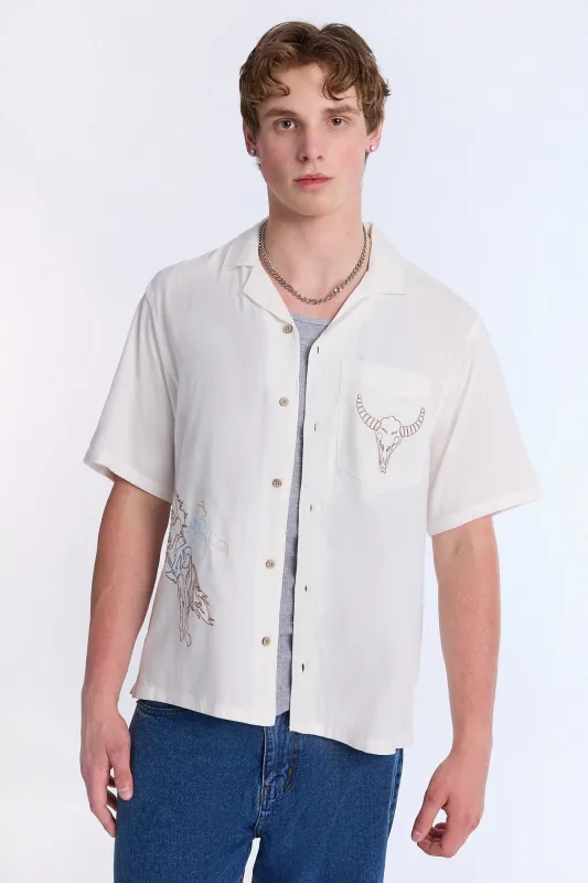 Linen-Blend Western Embroidered Short Sleeve Shirt sold by Bluenotes