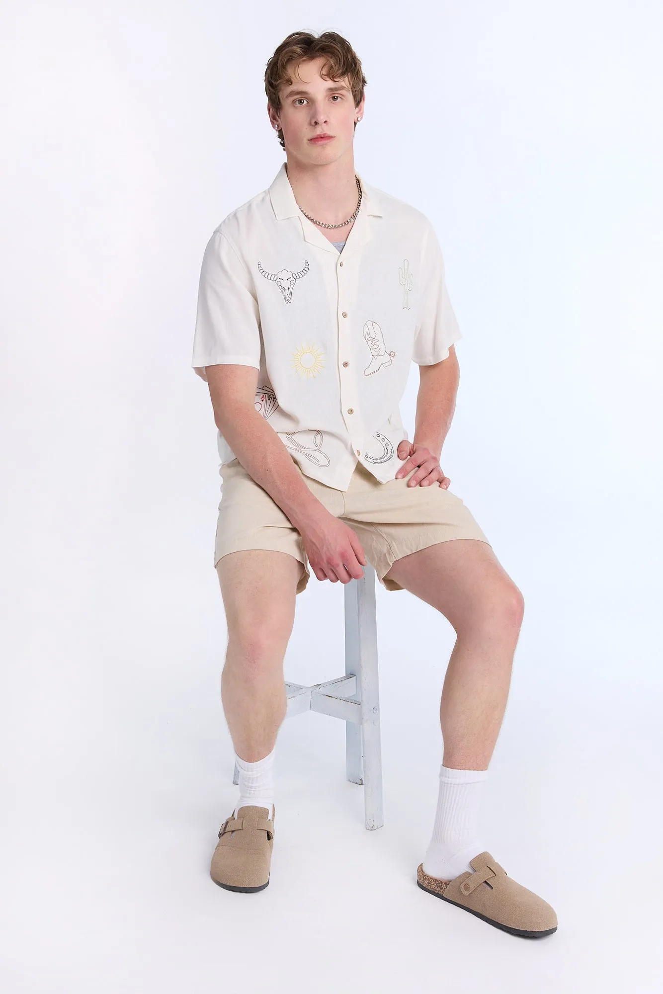 Linen-Blend Western Embroidered Short Sleeve Shirt sold by Bluenotes product image thumbnail 5