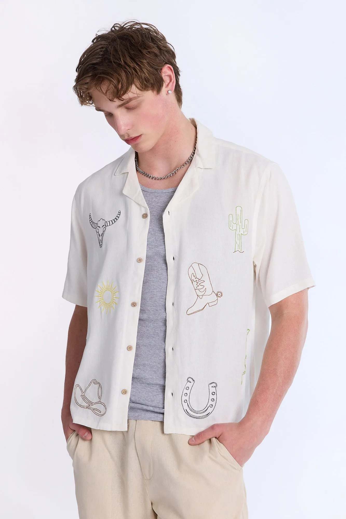 Linen-Blend Western Embroidered Short Sleeve Shirt sold by Bluenotes