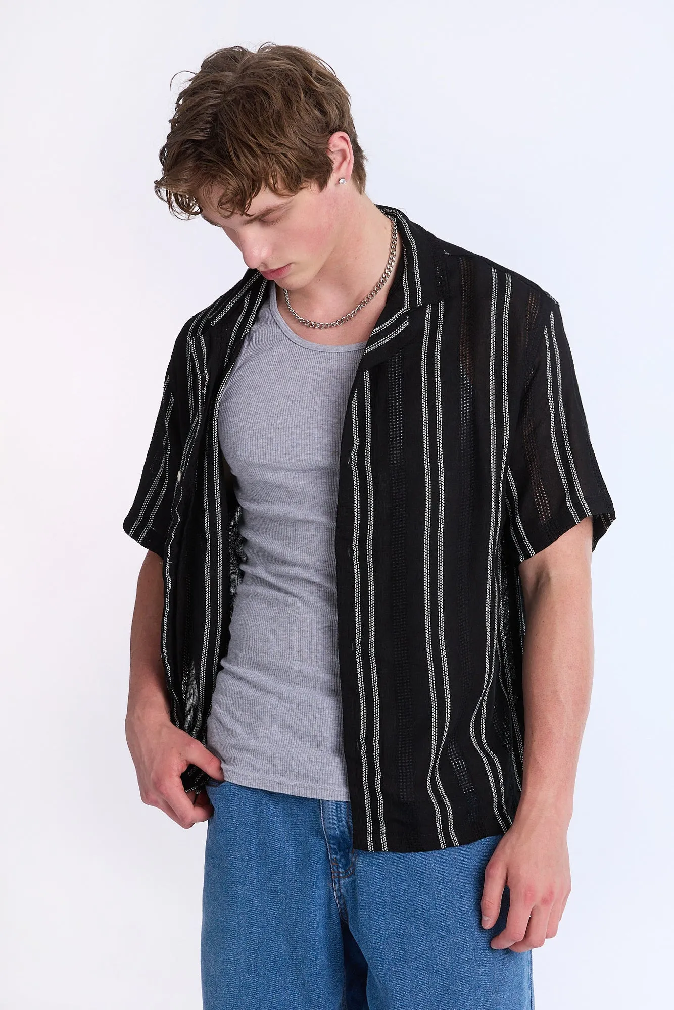 Linen-Blend Textured Striped Short Sleeve Shirt sold by Bluenotes product image thumbnail 2