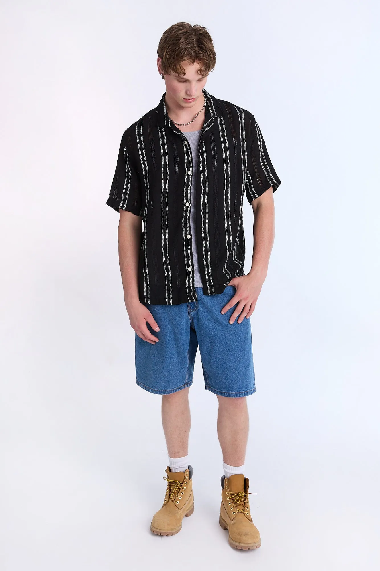 Linen-Blend Textured Striped Short Sleeve Shirt sold by Bluenotes product image thumbnail 5