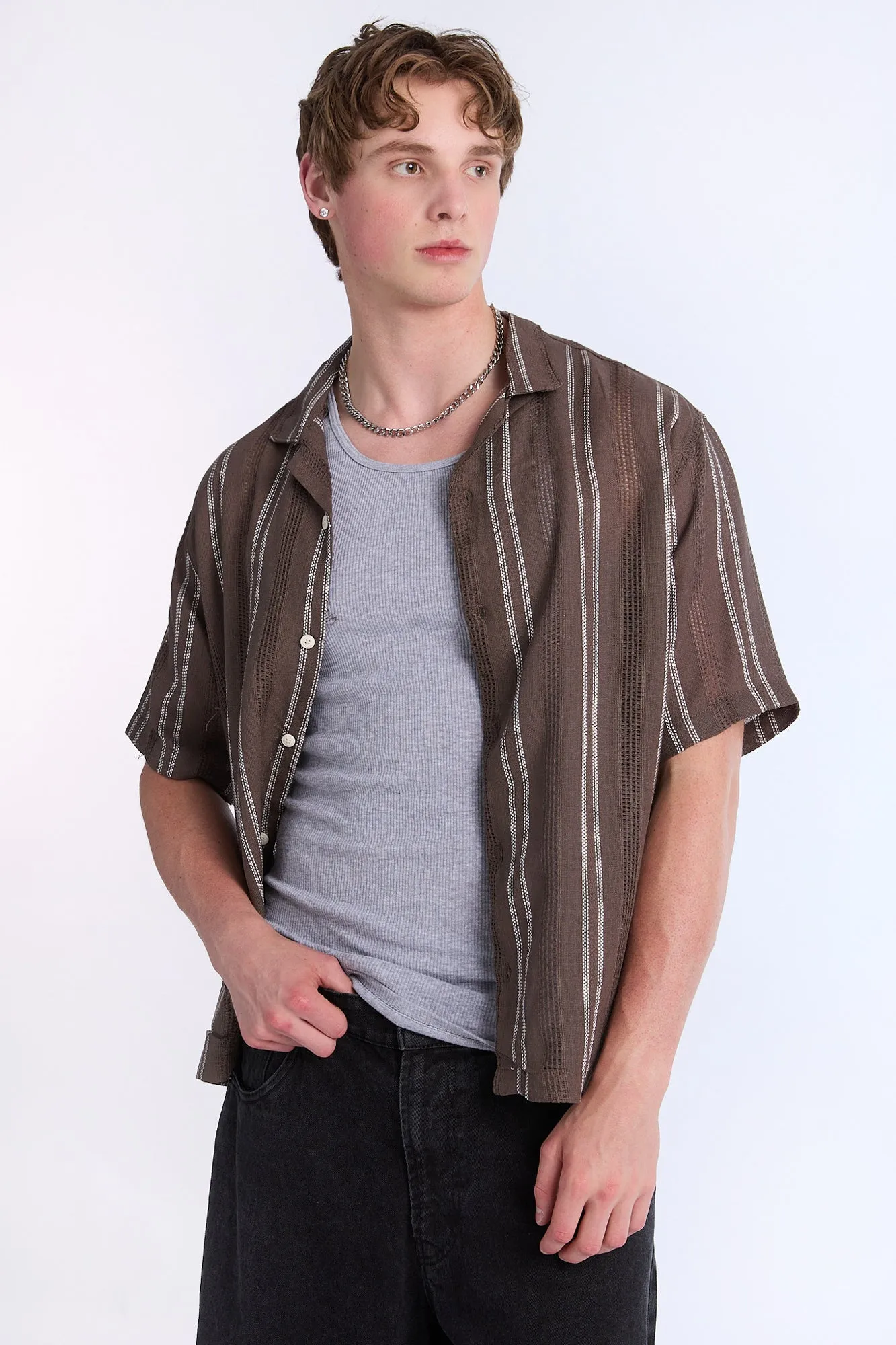 Linen-Blend Textured Striped Short Sleeve Shirt sold by Bluenotes