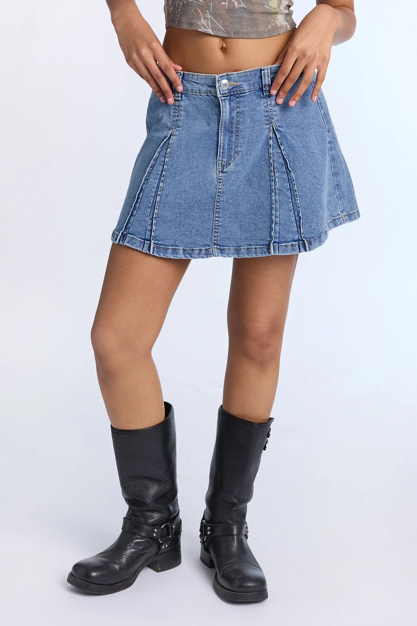 High Rise Pleated Denim Skirt sold by Bluenotes