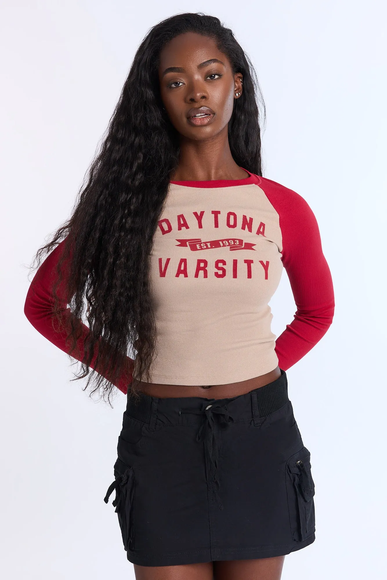 Daytona Flocked Graphic Raglan Long Sleeve Tee sold by Bluenotes