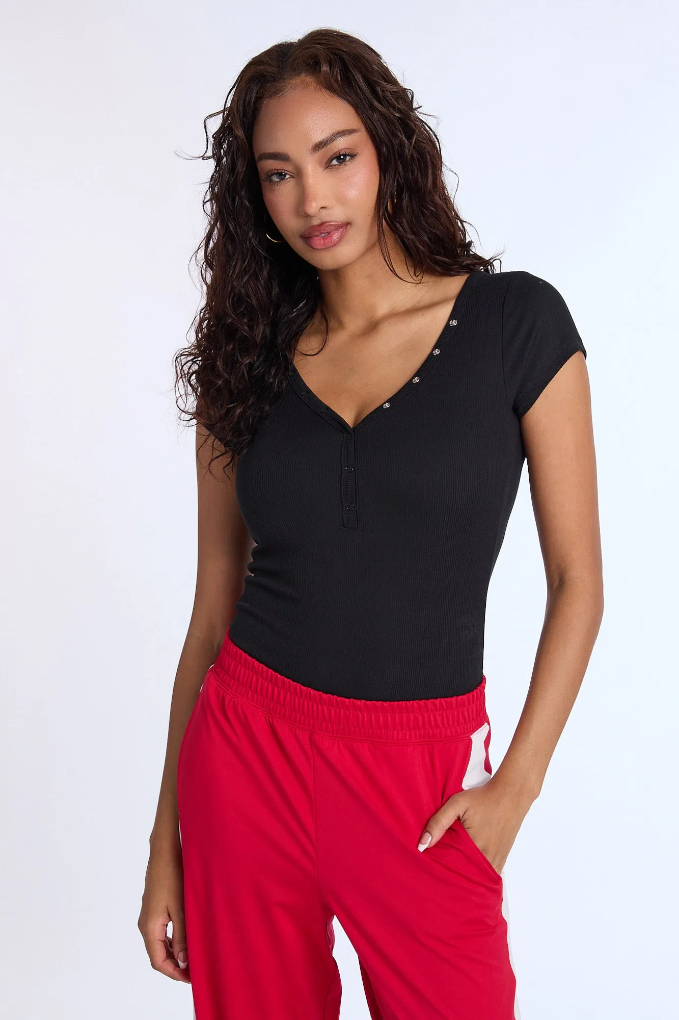 Super Soft Ribbed Short Sleeve Henley Bodysuit sold by Bluenotes product image thumbnail 2
