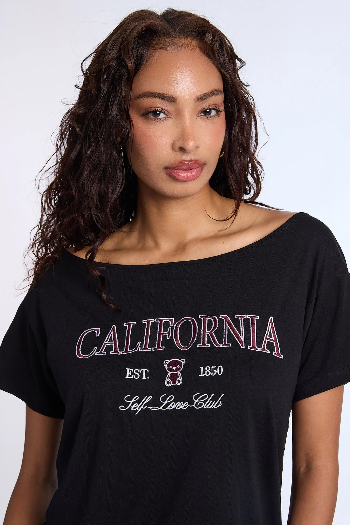 California Graphic Embroidered Off-Shoulder Tee sold by Bluenotes product image thumbnail 2