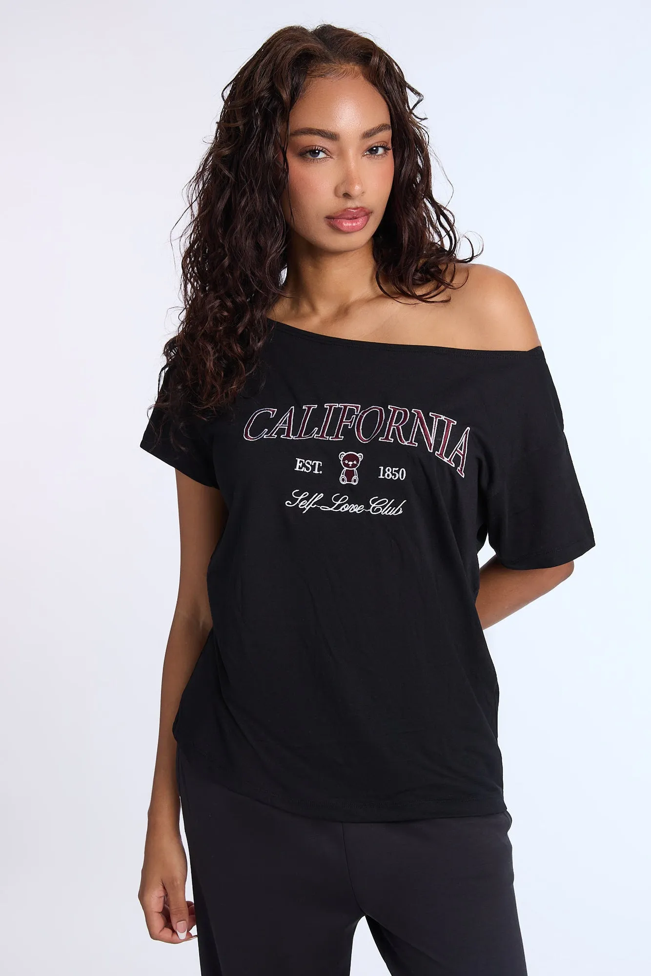 California Graphic Embroidered Off-Shoulder Tee sold by Bluenotes