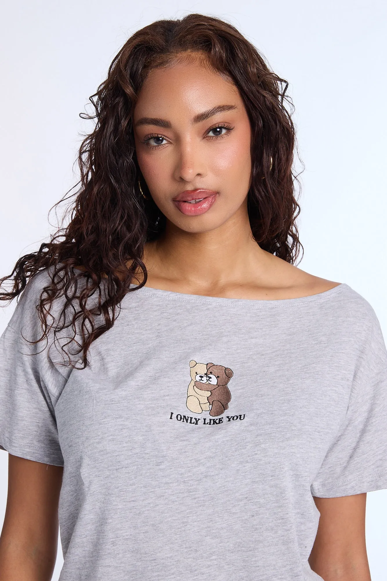 Teddy Bear I Only Like You Graphic Embroidered Off-Shoulder Tee sold by Bluenotes product image thumbnail 2