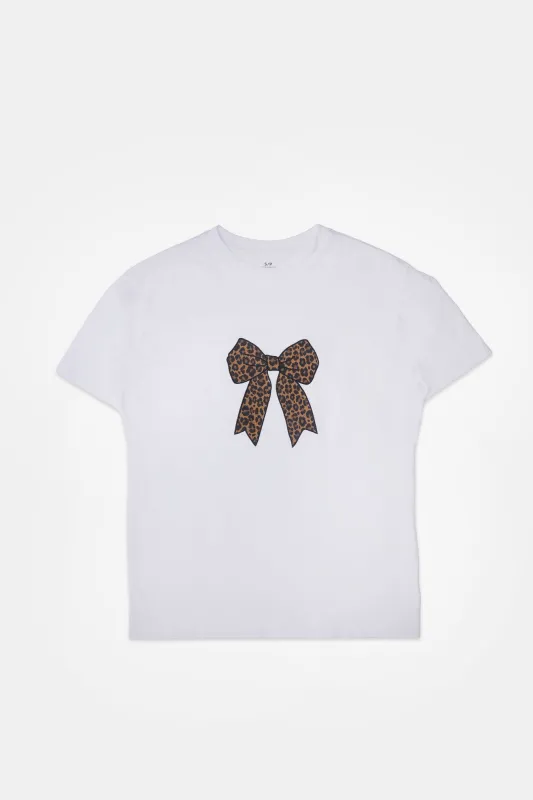 Leopard Bow Embroidered Graphic Boyfriend Tee made by Bluenotes