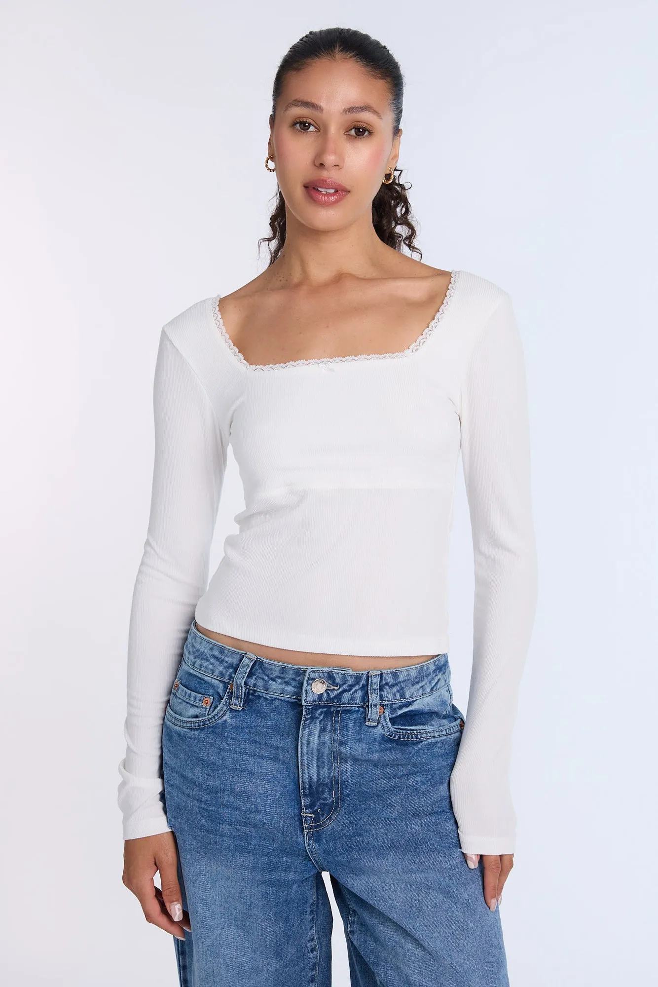 AERO Super Soft Ribbed Knit Long Sleeve Square Neck Top sold by Bluenotes