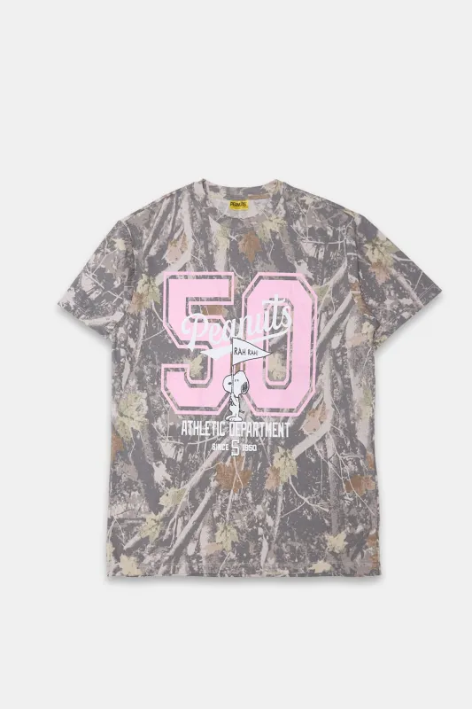 Peanuts 50 Graphic Tree Camouflage Boyfriend Tee sold by Bluenotes
