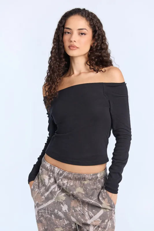 AERO Ribbed Knit Long Sleeve Off-Shoulder Top sold by Bluenotes