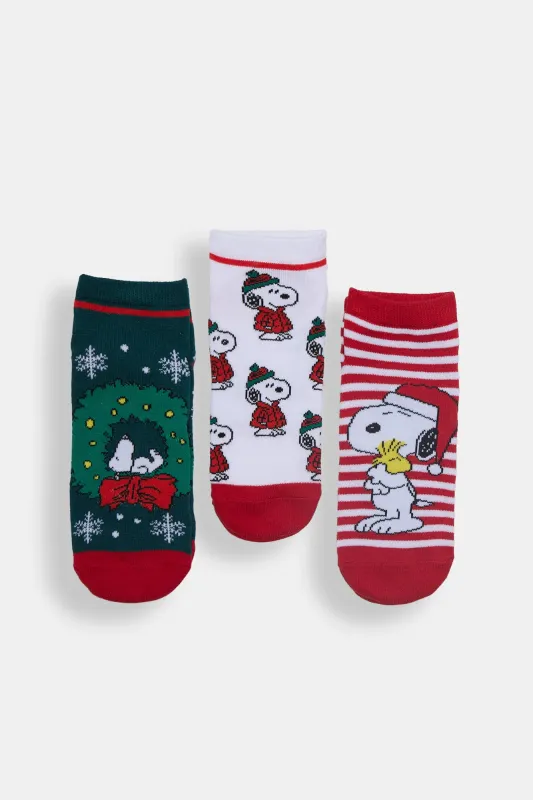 Peanuts Snoopy Wreath Printed Ankle Socks 3-Pack sold by Bluenotes