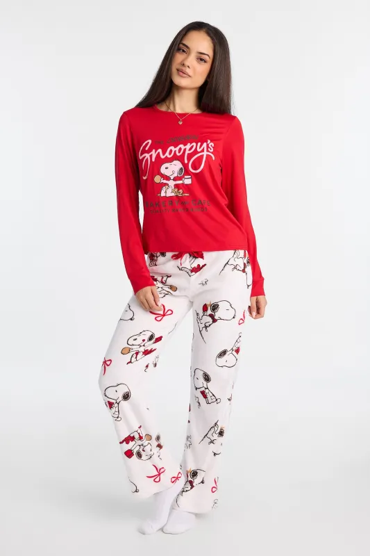 Peanuts Snoopy's Bakery & Cafe Long Sleeve Pajama Top And Plush Pajama Pants 2-Piece Set sold by Bluenotes