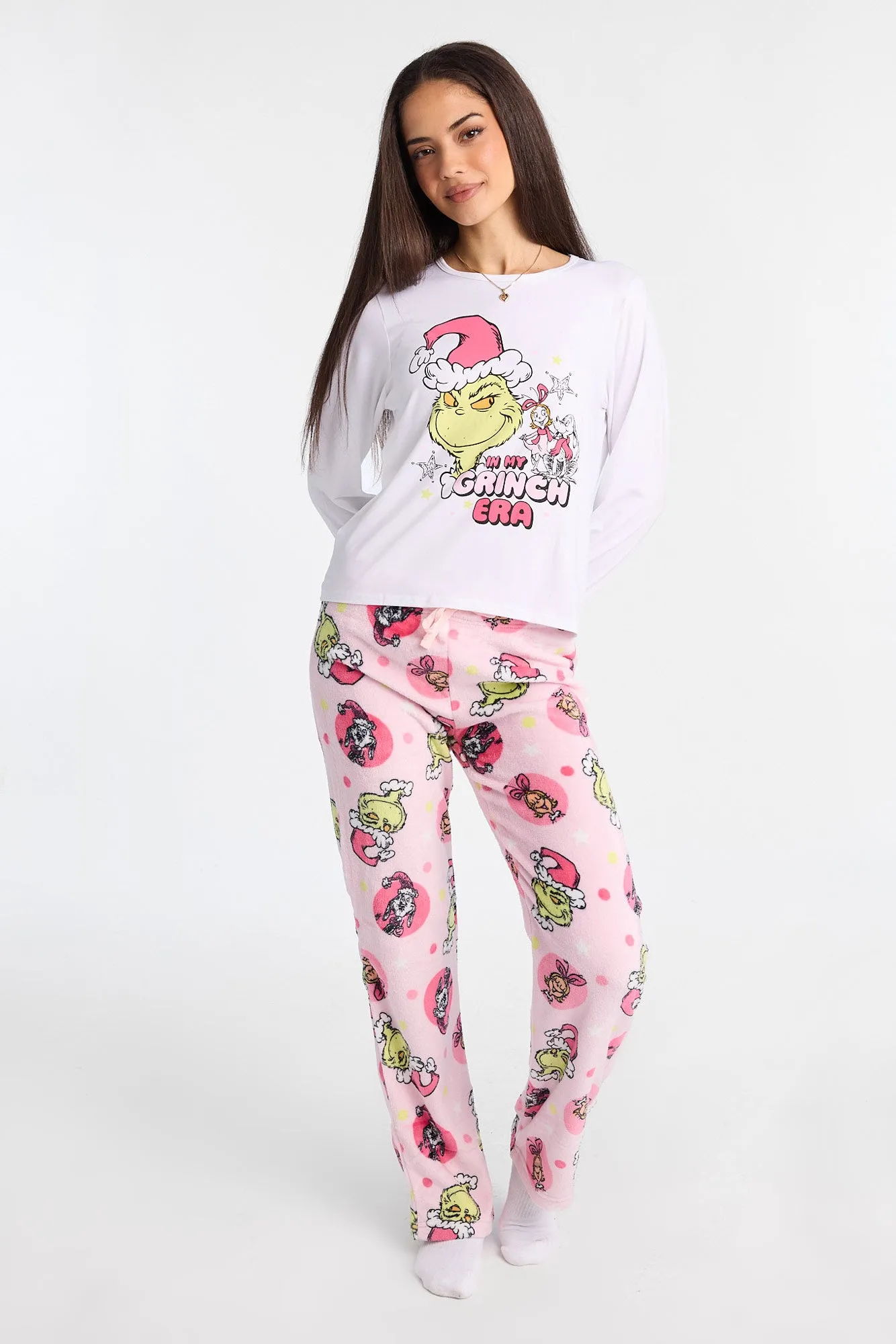 The Grinch Era Long Sleeve Pajama Top And Plush Pajama Pants 2-Piece Set sold by Bluenotes