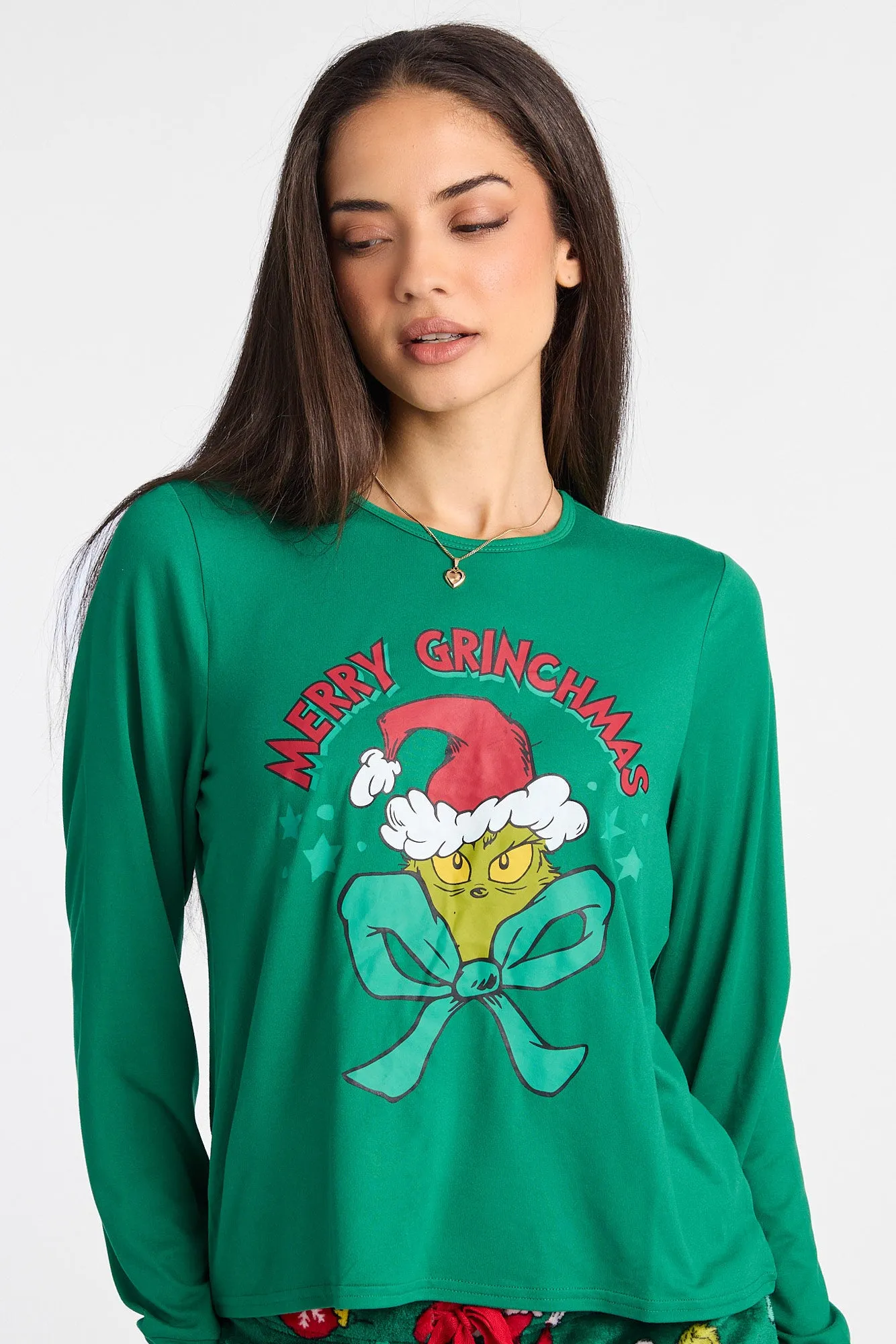 Merry Grinchmas Long Sleeve Pajama Top And Plush Pajama Pants 2-Piece Set sold by Bluenotes product image thumbnail 2