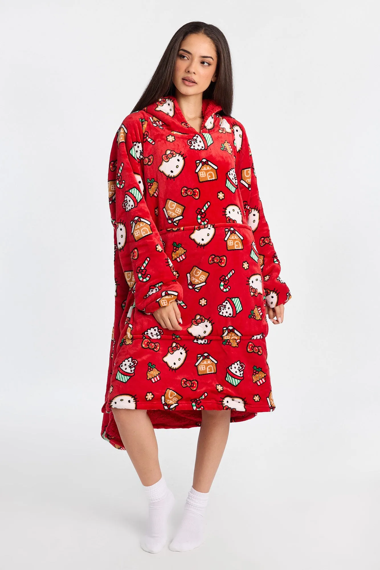 Hello Kitty Candy Cane Printed Oversized Blanket Hoodie sold by Bluenotes