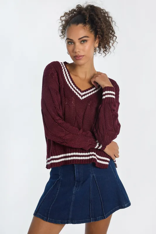 AERO Oversized Cable Knit V-Neck Sweater sold by Bluenotes