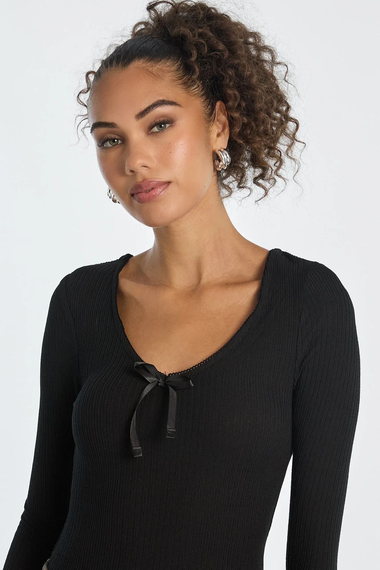 Ribbed Knit Long Sleeve V-Neck Bodysuit sold by Bluenotes product image thumbnail 3