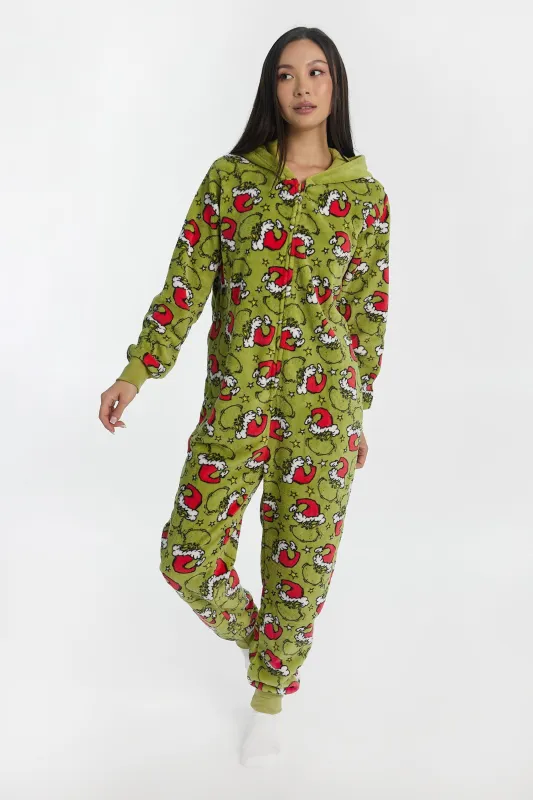 The Grinch Santa Hat Hooded Onesie sold by Bluenotes