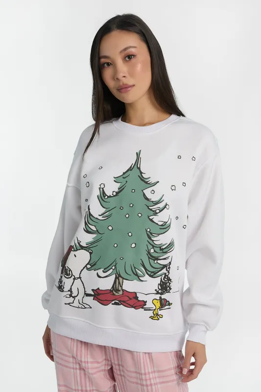 Peanuts Snoopy Christmas Tree Graphic Crew Neck Sweatshirt sold by Bluenotes