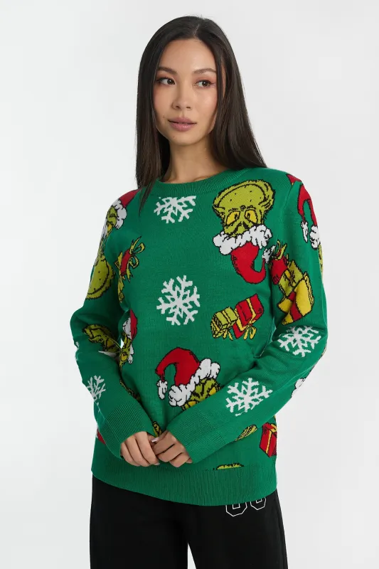 The Grinch Santa Hat Graphic Crew Neck Sweater sold by Bluenotes