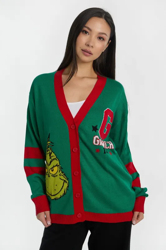 The Grinch Button-Up Varsity Cardigan sold by Bluenotes