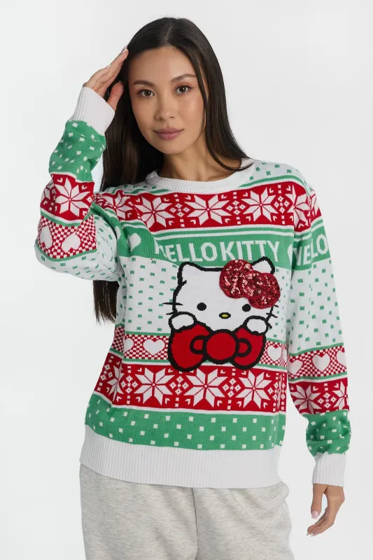 Hello Kitty Fair Isle Bow Graphic Crew Neck Sweater sold by Bluenotes