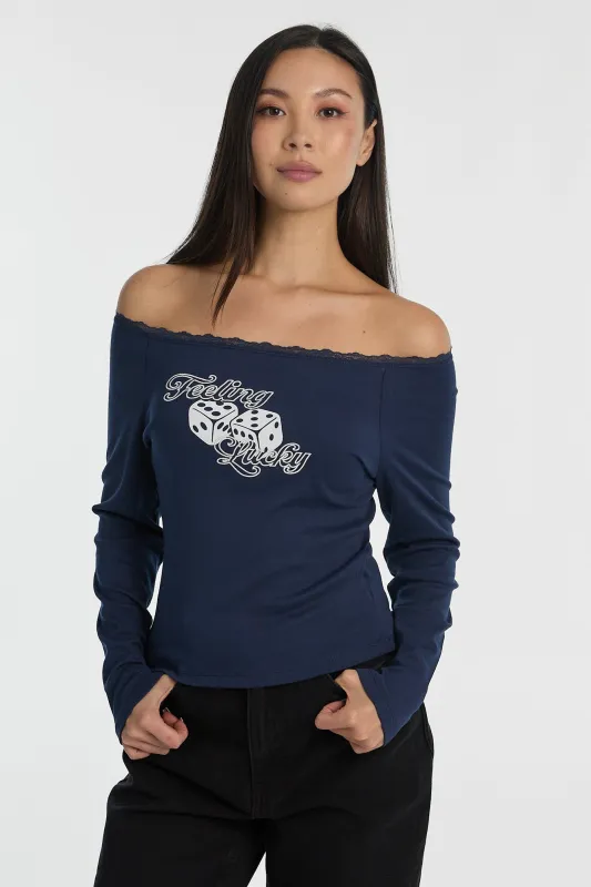AERO Graphic Off-Shoulder Long Sleeve Lace Trim Top sold by Bluenotes