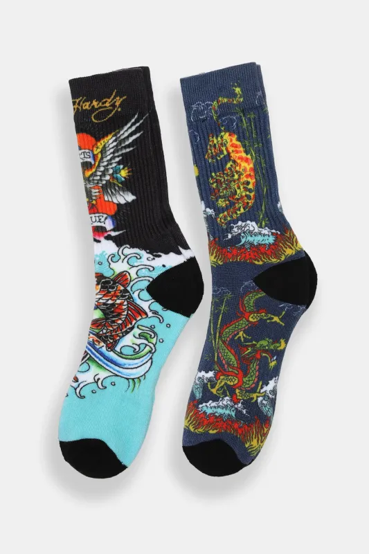 Ed Hardy Fish & Dragons Printed Crew Socks 2-Pack sold by Bluenotes