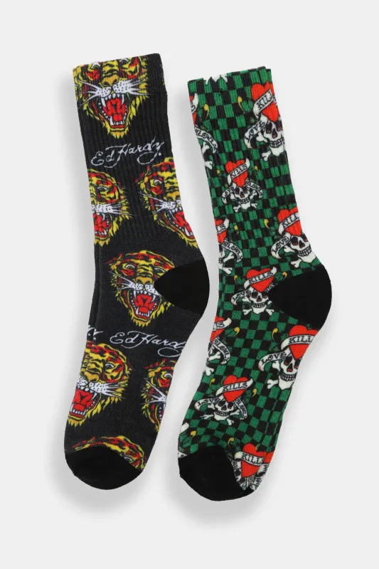 Ed Hardy Tigers & Skulls Printed Crew Socks 2-Pack sold by Bluenotes