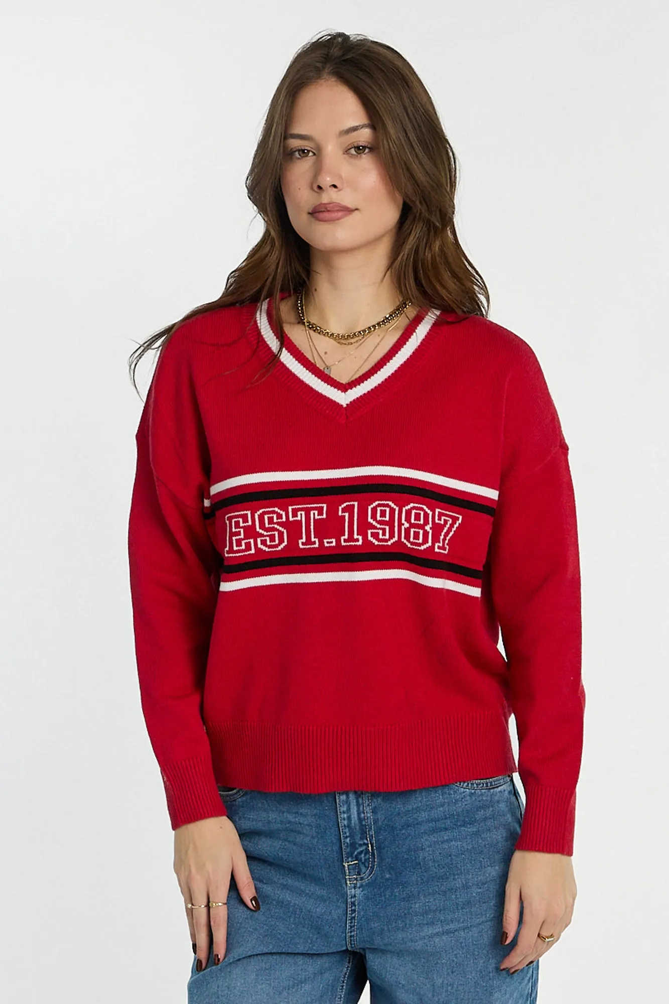 AERO Graphic Flat Knit V-Neck Sweater sold by Bluenotes