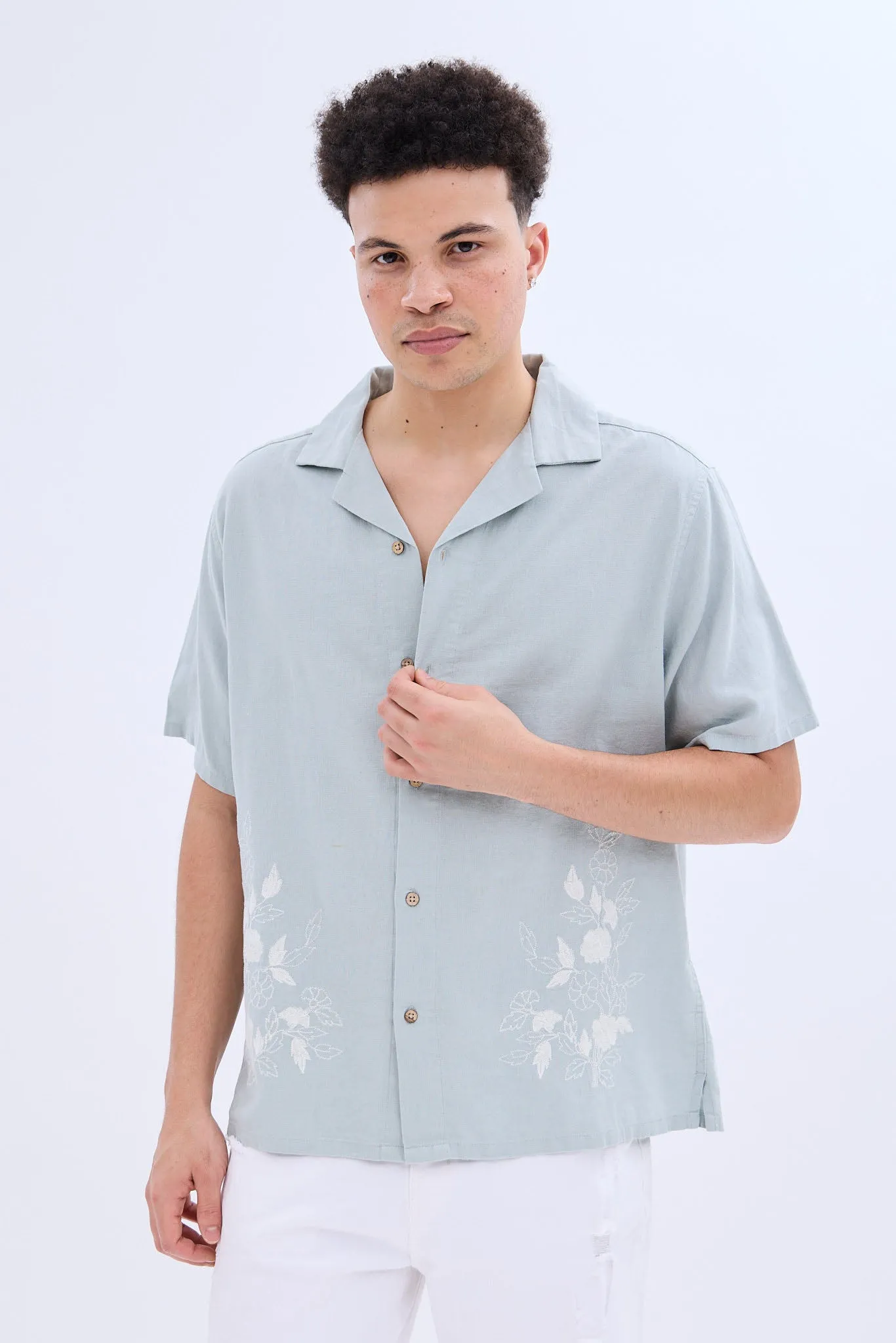 Linen-Blend Embroidered Short Sleeve Button-Up Shirt sold by Bluenotes product image thumbnail 5
