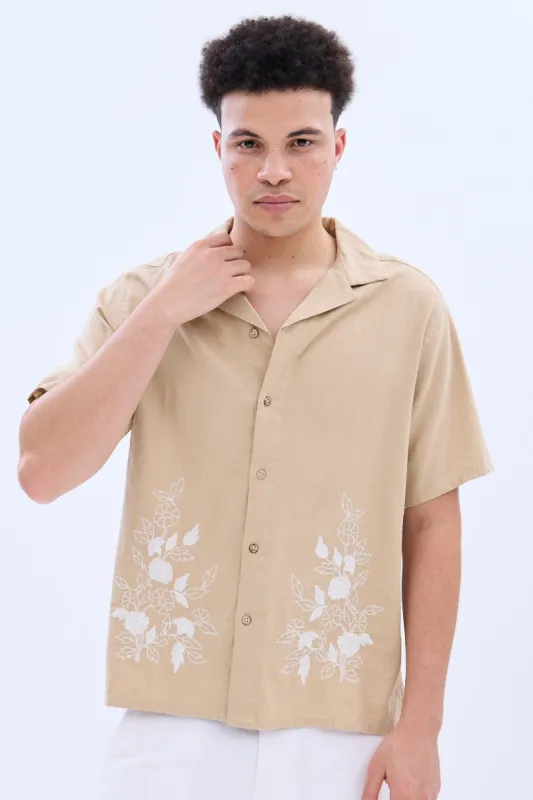 Linen-Blend Embroidered Short Sleeve Button-Up Shirt sold by Bluenotes