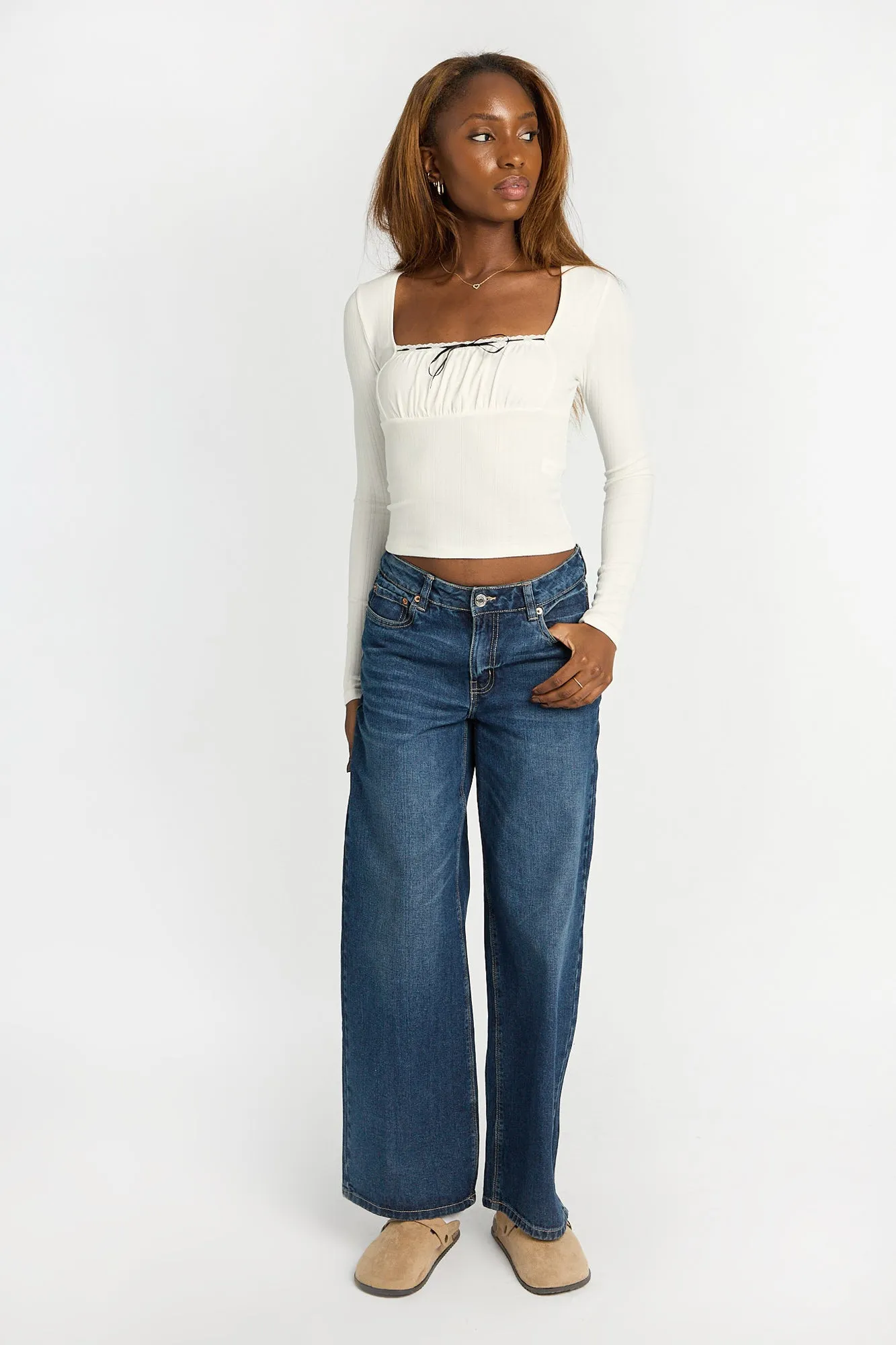 AERO Pointelle Knit Long Sleeve Ruched Square Neck Top sold by Bluenotes product image thumbnail 5