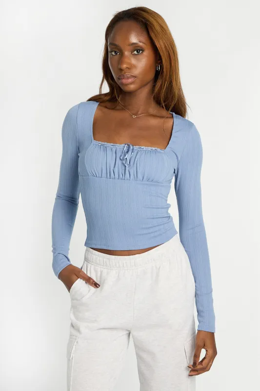 AERO Pointelle Knit Long Sleeve Ruched Square Neck Top made by Aeropostale