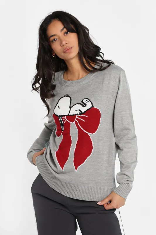 Peanuts Snoopy Bow Graphic Crew Neck Sweater sold by Bluenotes