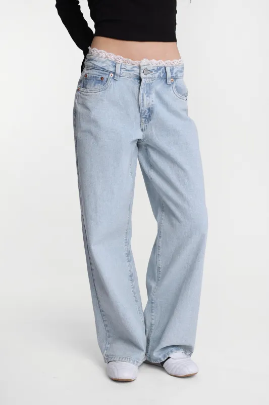 AERO Lace Low Rise Baggy Wide Leg Jeans sold by Bluenotes