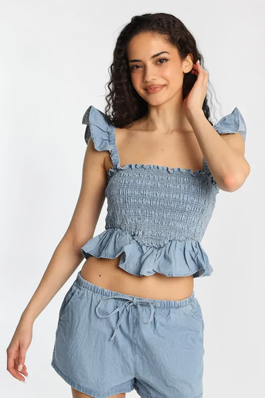 Chambray Flutter Sleeve Smocked Top made by Bluenotes