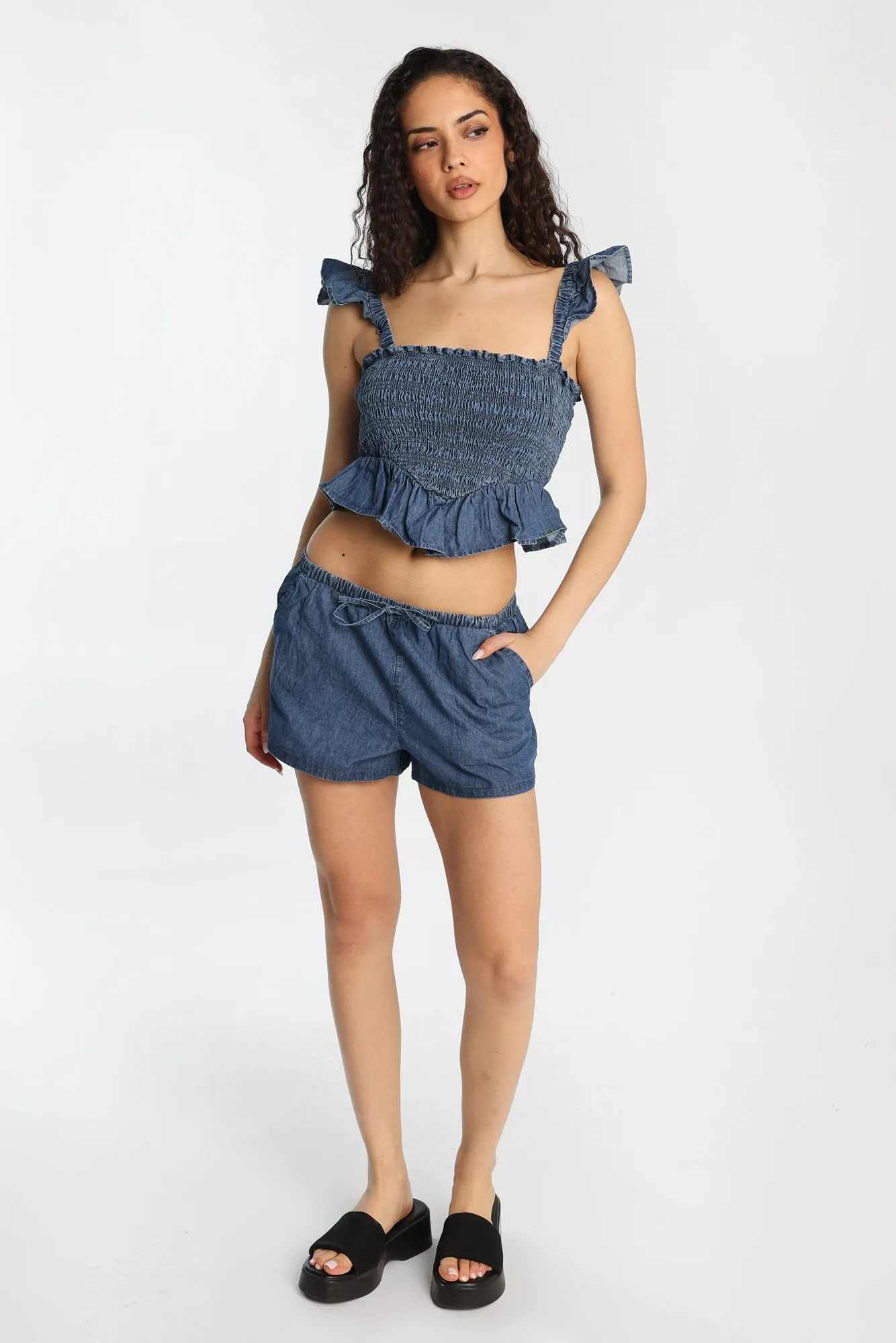 Chambray Flutter Sleeve Smocked Top sold by Bluenotes product image thumbnail 5