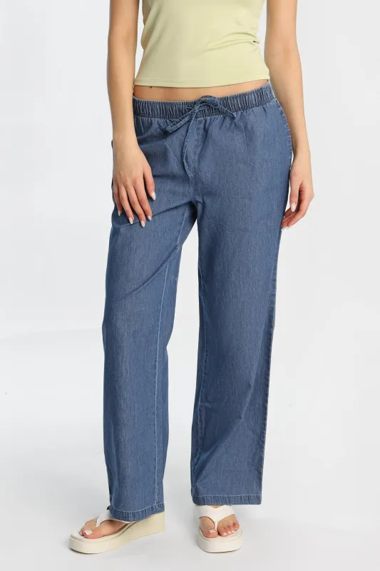 Chambray Drawstring Wide Leg Pants made by Bluenotes