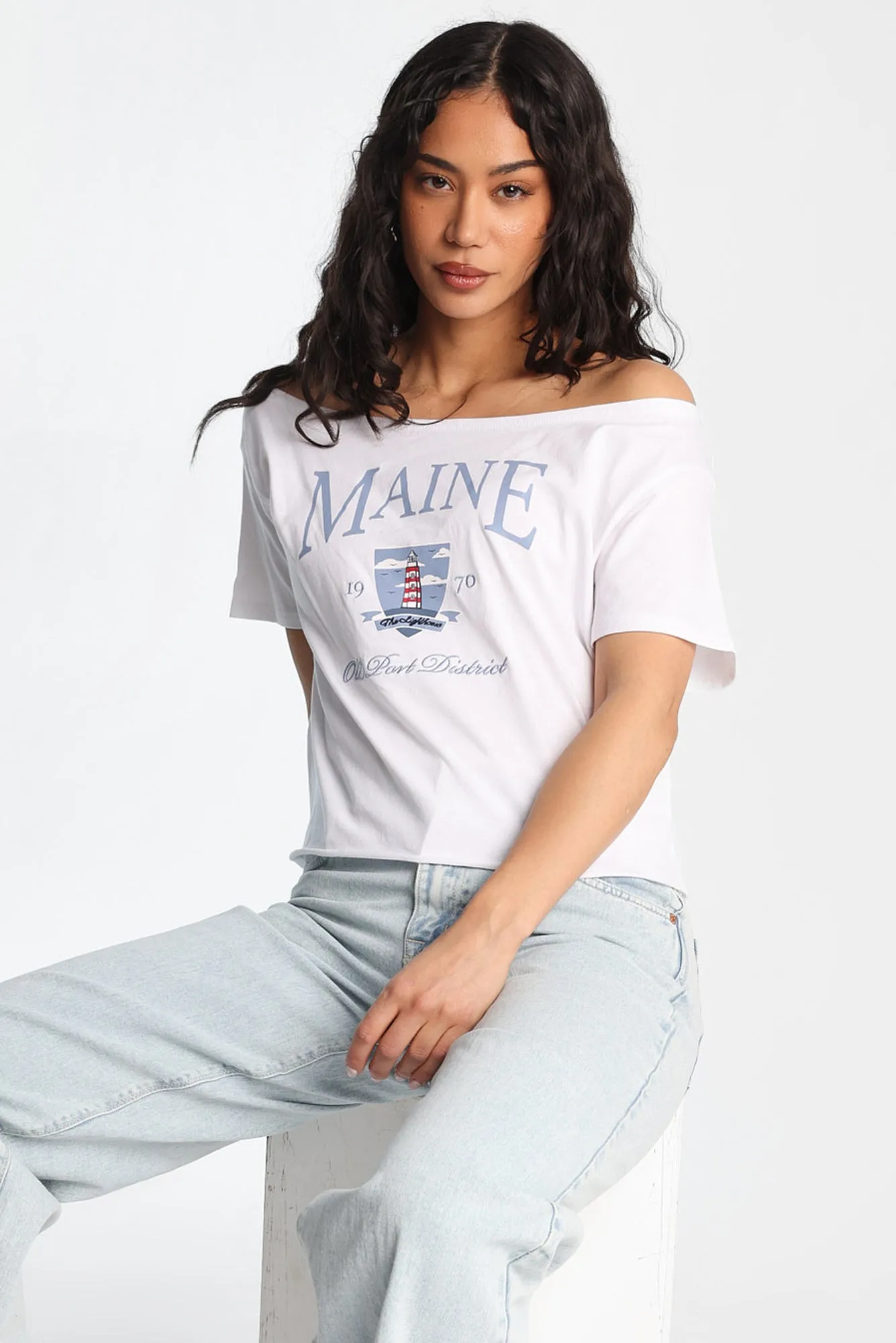 Maine Graphic Off-Shoulder Short Sleeve Tee sold by Bluenotes