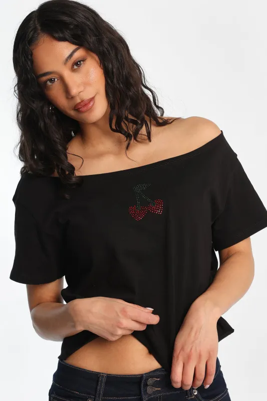 Cherries Graphic Off-Shoulder Short Sleeve Tee made by Bluenotes