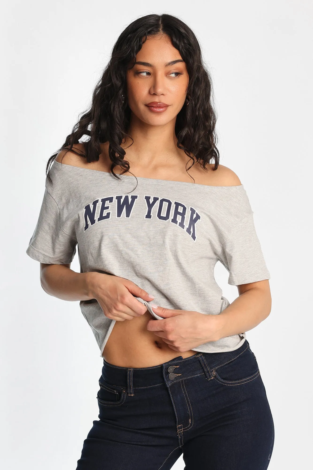 New York Graphic Off-Shoulder Short Sleeve Tee sold by Bluenotes
