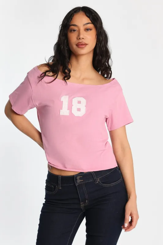18 Graphic Off-Shoulder Short Sleeve Tee made by Bluenotes