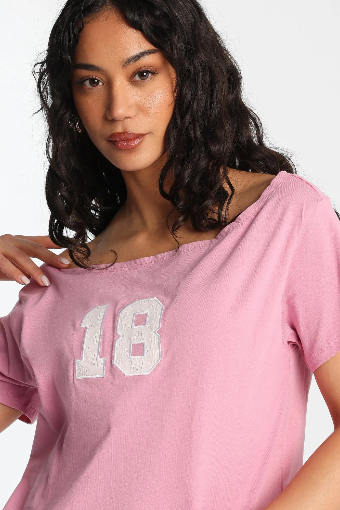 18 Graphic Off-Shoulder Short Sleeve Tee sold by Bluenotes product image thumbnail 2