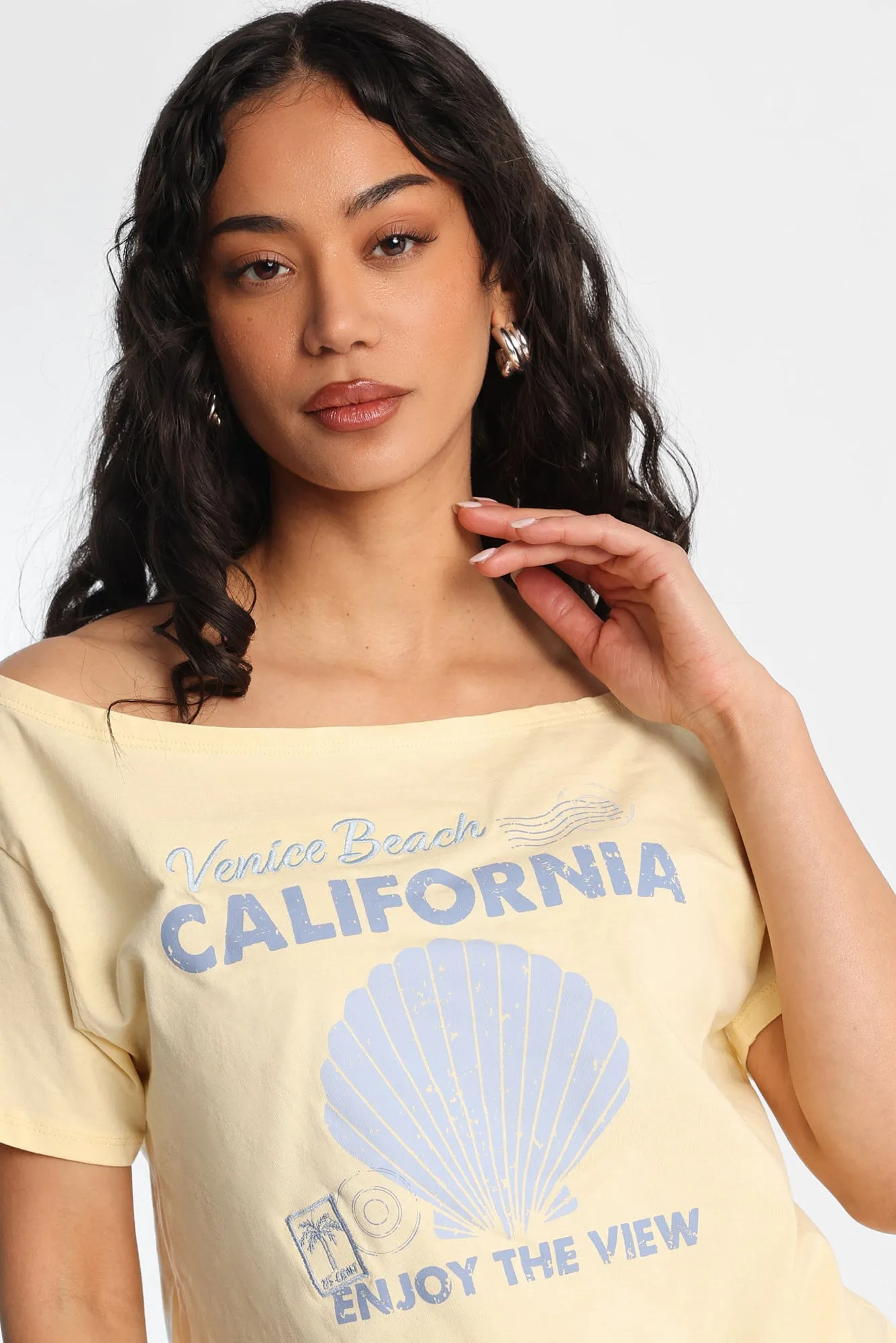 California Beach Graphic Off-Shoulder Short Sleeve Tee sold by Bluenotes product image thumbnail 2