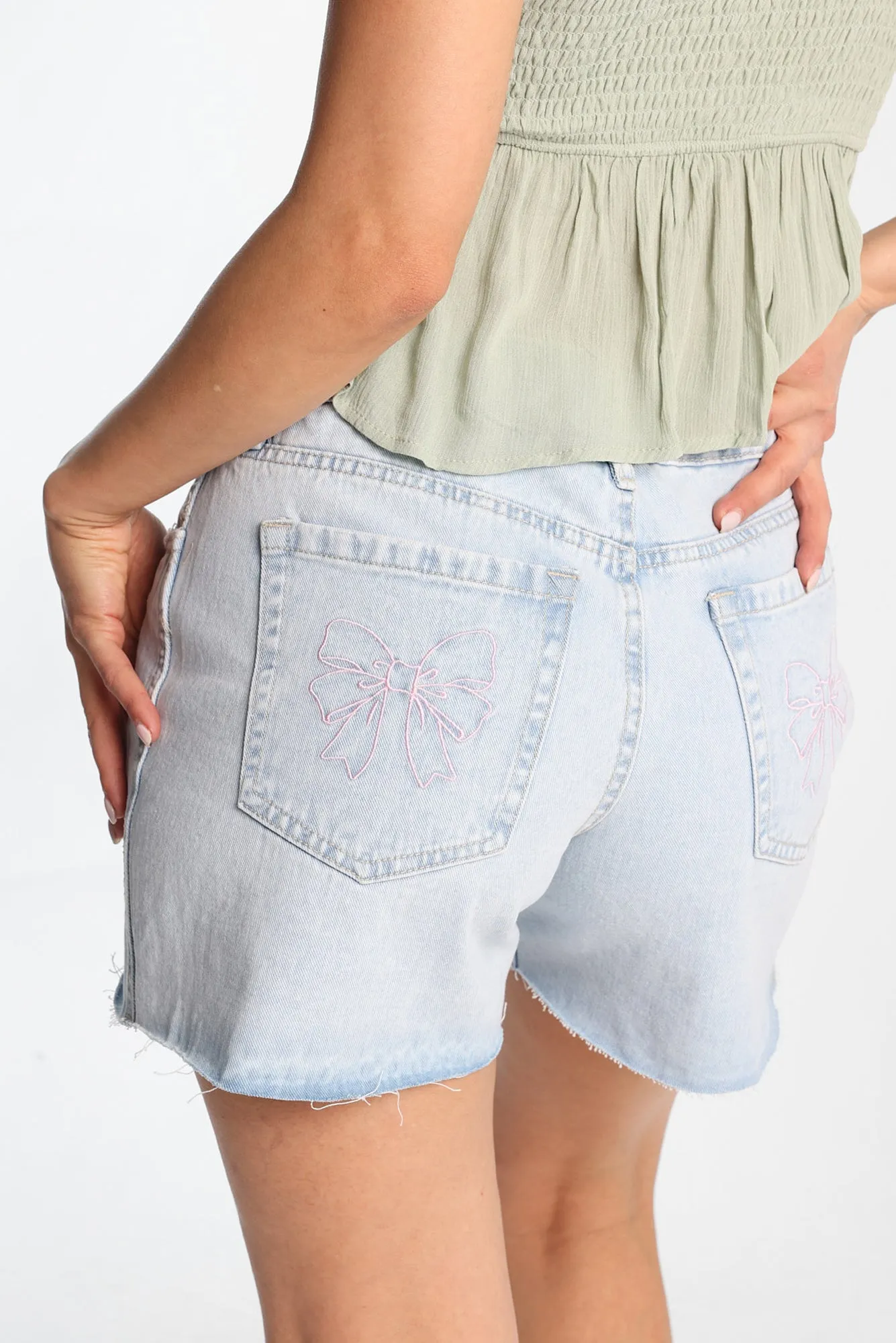 Bow Embroidered Low Rise Baggy Denim Shorts sold by Bluenotes