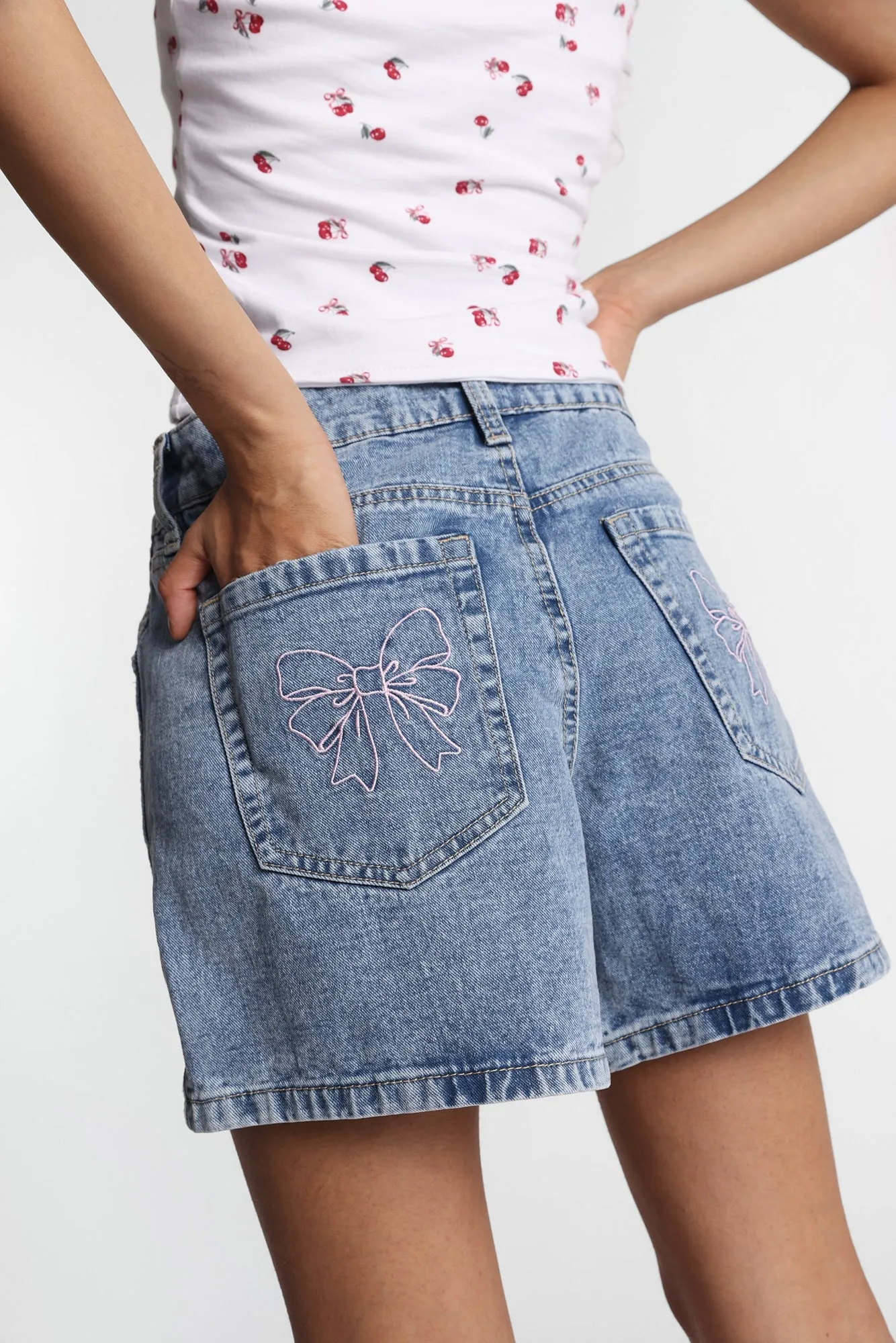 Low Rise Bow Embroidered Baggy Denim Shorts sold by Bluenotes
