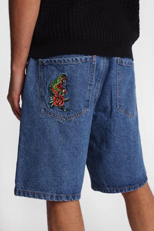 Snake & Rose Embroidered Loose Denim Shorts made by Bluenotes